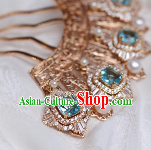 China Traditional Ming Dynasty Princess Hairpin Classical Hanfu Blue Zircon Hair Comb