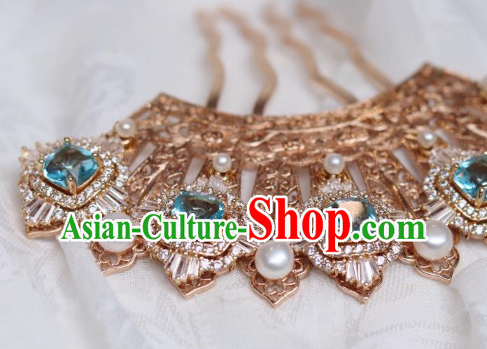 China Traditional Ming Dynasty Princess Hairpin Classical Hanfu Blue Zircon Hair Comb