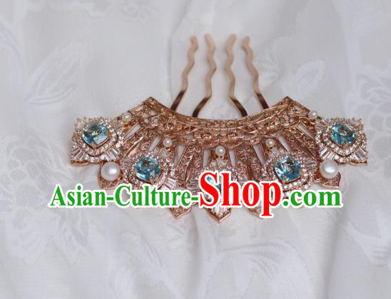 China Traditional Ming Dynasty Princess Hairpin Classical Hanfu Blue Zircon Hair Comb