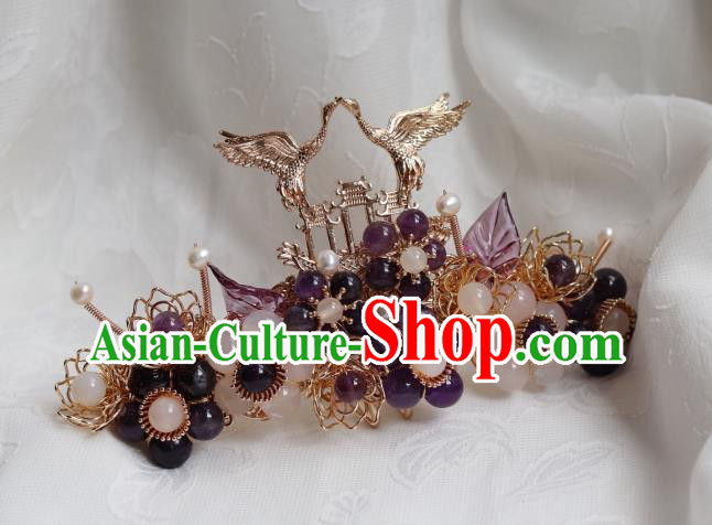 China Traditional Ming Dynasty Golden Crane Hairpin Classical Amethyst Plum Hair Crown