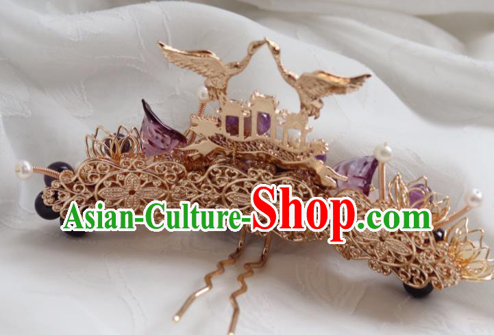 China Traditional Ming Dynasty Golden Crane Hairpin Classical Amethyst Plum Hair Crown