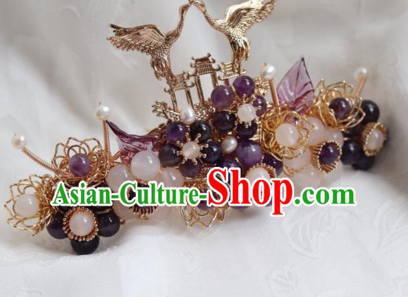 China Traditional Ming Dynasty Golden Crane Hairpin Classical Amethyst Plum Hair Crown