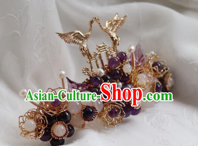 China Traditional Ming Dynasty Golden Crane Hairpin Classical Amethyst Plum Hair Crown