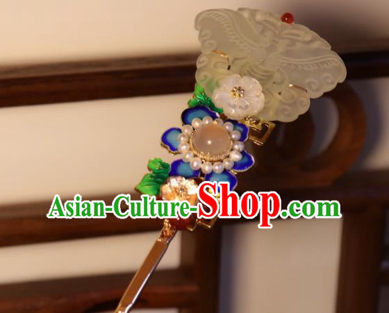 China Traditional Qing Dynasty Jade Butterfly Hairpin Classical Blueing Flower Hair Stick