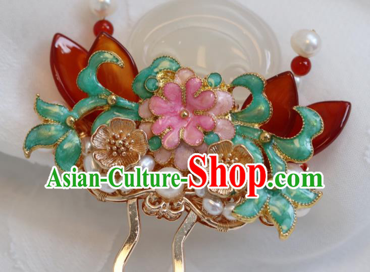 China Classical Pearls Enamel Hair Stick Traditional Qing Dynasty Jade Peach Hairpin