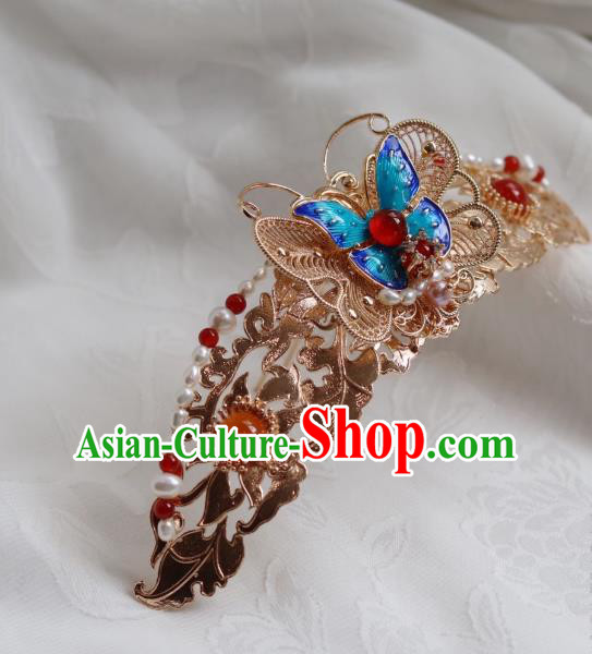 China Classical Blueing Butterfly Hair Crown Traditional Ming Dynasty Princess Hairpin