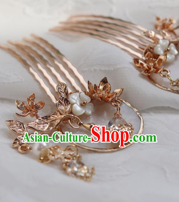 China Classical Golden Tassel Hair Comb Traditional Ming Dynasty Princess Shell Hairpin