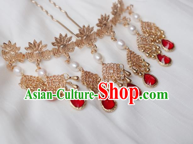 China Traditional Ming Dynasty Golden Phoenix Hair Stick Ancient Princess Red Crystal Hairpin