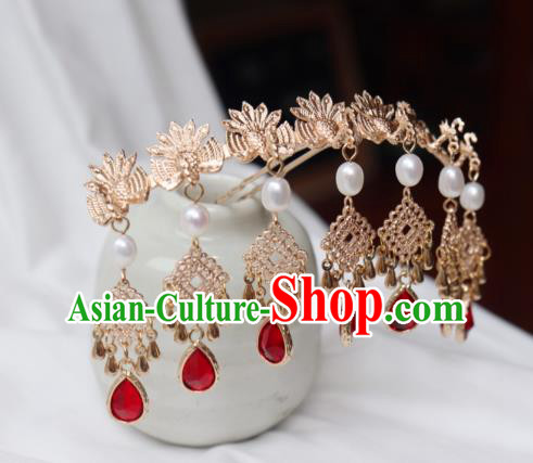 China Traditional Ming Dynasty Golden Phoenix Hair Stick Ancient Princess Red Crystal Hairpin