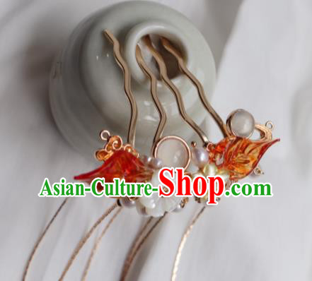 China Ancient Princess Shell Pearls Hairpin Traditional Ming Dynasty Golden Tassel Hair Comb