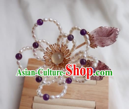 China Ancient Princess Amethyst Hairpin Traditional Ming Dynasty Pearls Plum Hair Stick