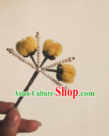 China Traditional Qing Dynasty Yellow Velvet Plum Hair Stick Classical Pearls Hairpin