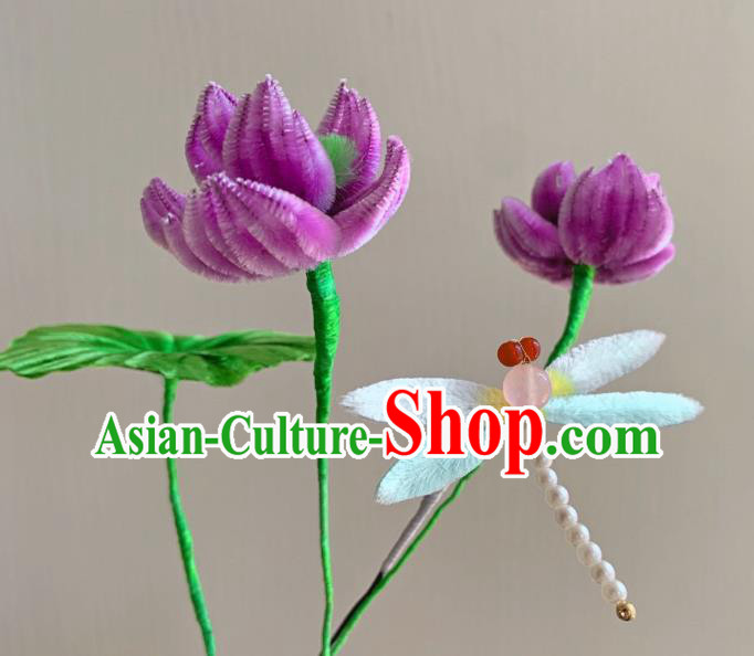 Traditional China Qing Dynasty Empress Hair Stick Classical Purple Velvet Lotus Hairpin