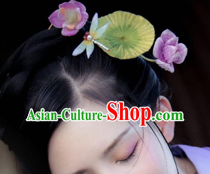 Traditional China Qing Dynasty Empress Hair Stick Classical Purple Velvet Lotus Hairpin