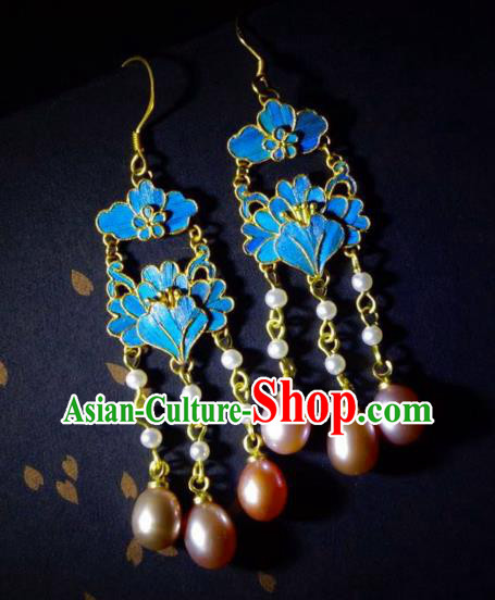 Chinese Ancient Qing Dynasty Court Ear Accessories Traditional Culture Jewelry Pearls Tassel Earrings