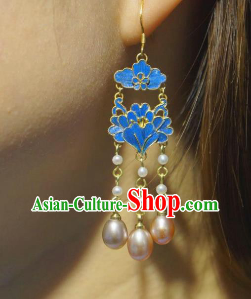 Chinese Ancient Qing Dynasty Court Ear Accessories Traditional Culture Jewelry Pearls Tassel Earrings