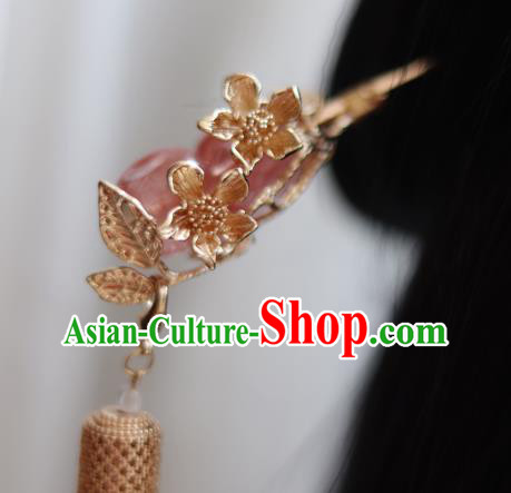China Ancient Princess Rose Quartz Hairpin Traditional Ming Dynasty Golden Lantern Tassel Hair Stick