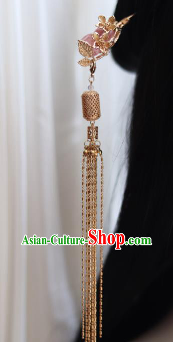 China Ancient Princess Rose Quartz Hairpin Traditional Ming Dynasty Golden Lantern Tassel Hair Stick