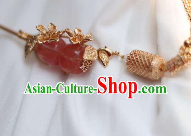 China Ancient Princess Rose Quartz Hairpin Traditional Ming Dynasty Golden Lantern Tassel Hair Stick
