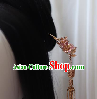 China Ancient Princess Rose Quartz Hairpin Traditional Ming Dynasty Golden Lantern Tassel Hair Stick