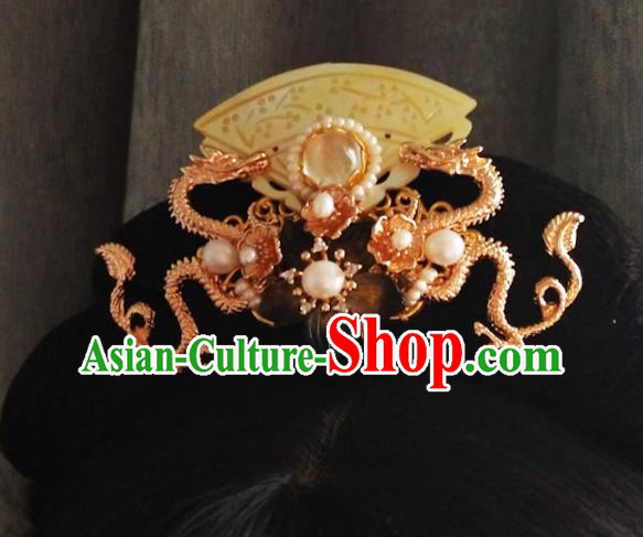 China Ancient Empress Golden Dragon Hairpin Traditional Ming Dynasty Shell Hair Crown