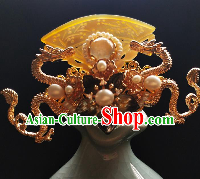 China Ancient Empress Golden Dragon Hairpin Traditional Ming Dynasty Shell Hair Crown
