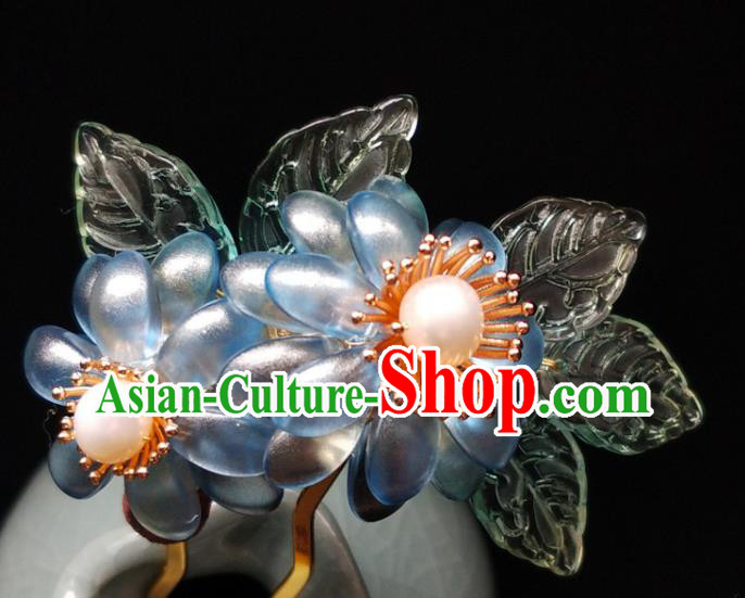 China Ancient Princess Blue Chrysanthemum Hairpin Traditional Ming Dynasty Pearls Hair Clip