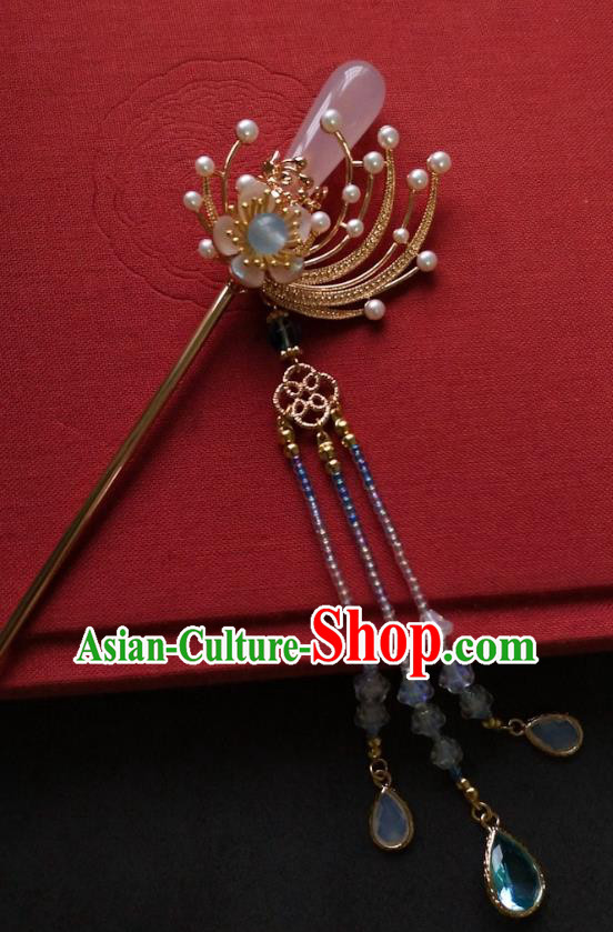 China Ancient Princess Rose Quartz Hairpin Traditional Ming Dynasty Beads Tassel Hair Clip