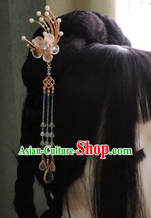 China Ancient Princess Rose Quartz Hairpin Traditional Ming Dynasty Beads Tassel Hair Clip