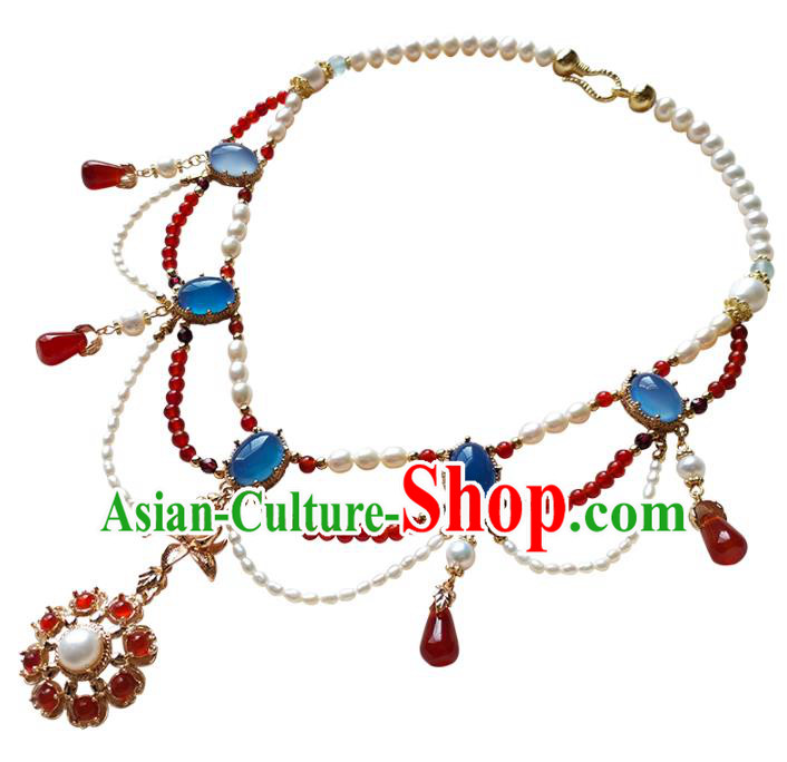 Chinese Traditional Hanfu Agate Necklace Accessories Classical Ming Dynasty Princess Pearls Necklet