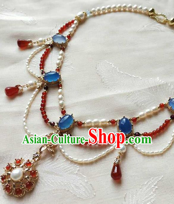 Chinese Traditional Hanfu Agate Necklace Accessories Classical Ming Dynasty Princess Pearls Necklet