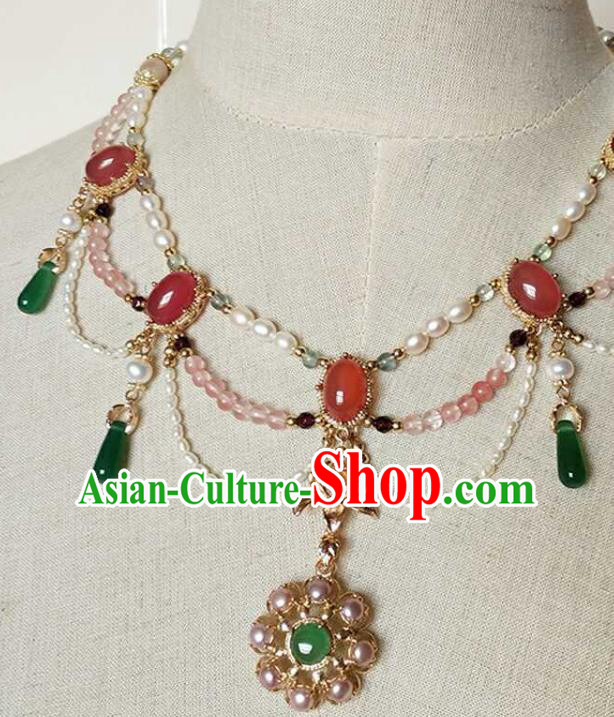 Chinese Traditional Hanfu Pearls Necklace Accessories Classical Ming Dynasty Princess Chrysoprase Necklet