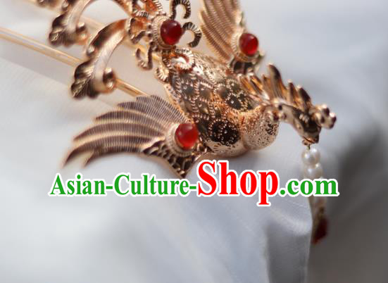 China Ancient Empress Pearls Tassel Hairpin Traditional Ming Dynasty Golden Phoenix Hair Crown