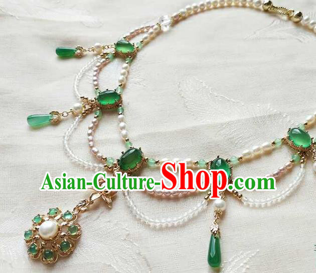 Chinese Classical Ming Dynasty Princess Chrysoprase Necklet Traditional Hanfu Pearls Necklace Accessories