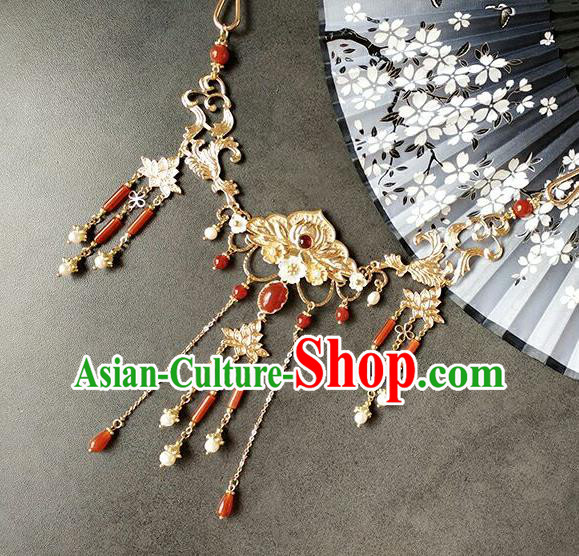Chinese Traditional Ming Dynasty Princess Agate Tassel Necklet Classical Hanfu Golden Peony Necklace