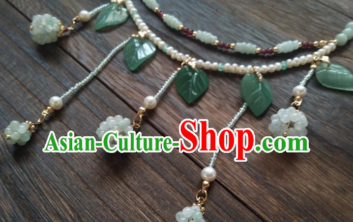 Chinese Classical Hanfu Pearls Necklace Traditional Ming Dynasty Princess Green Beads Tassel Necklet
