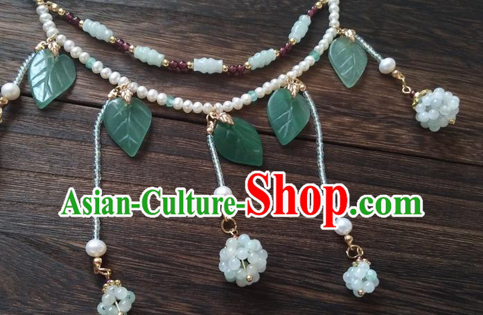 Chinese Classical Hanfu Pearls Necklace Traditional Ming Dynasty Princess Green Beads Tassel Necklet