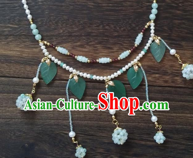Chinese Classical Hanfu Pearls Necklace Traditional Ming Dynasty Princess Green Beads Tassel Necklet