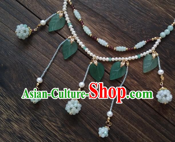 Chinese Classical Hanfu Pearls Necklace Traditional Ming Dynasty Princess Green Beads Tassel Necklet