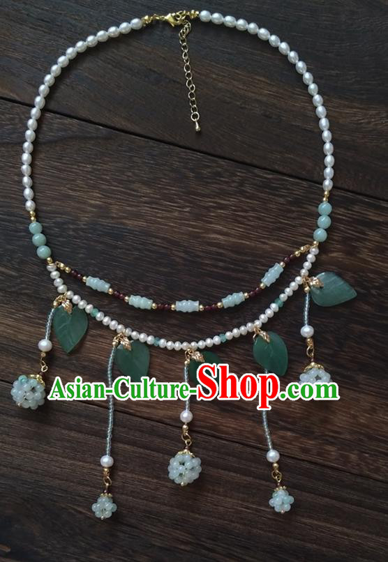 Chinese Classical Hanfu Pearls Necklace Traditional Ming Dynasty Princess Green Beads Tassel Necklet