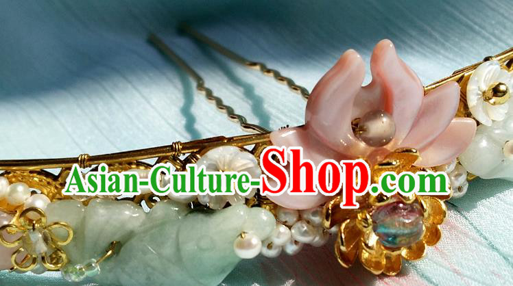 China Ancient Princess Pink Shell Lotus Hairpin Traditional Ming Dynasty Jade Pearls Hair Clip
