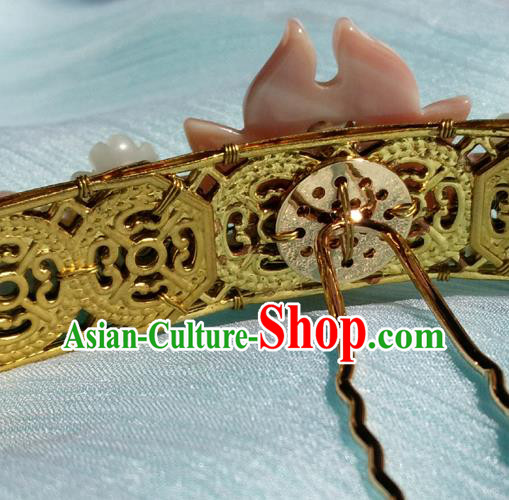 China Ancient Princess Pink Shell Lotus Hairpin Traditional Ming Dynasty Jade Pearls Hair Clip