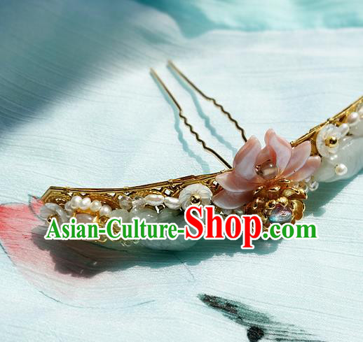China Ancient Princess Pink Shell Lotus Hairpin Traditional Ming Dynasty Jade Pearls Hair Clip