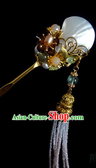 China Ancient Royal Princess Shell Hairpin Traditional Ming Dynasty Purple Beads Tassel Hair Stick