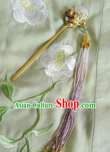 China Ancient Royal Princess Shell Hairpin Traditional Ming Dynasty Purple Beads Tassel Hair Stick
