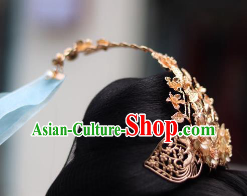 China Ancient Princess Ribbon Tassel Hairpin Traditional Jin Dynasty Golden Hair Crown