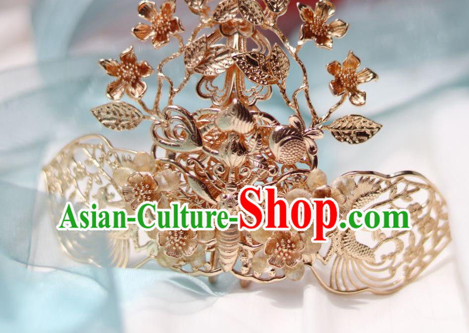 China Ancient Princess Ribbon Tassel Hairpin Traditional Jin Dynasty Golden Hair Crown
