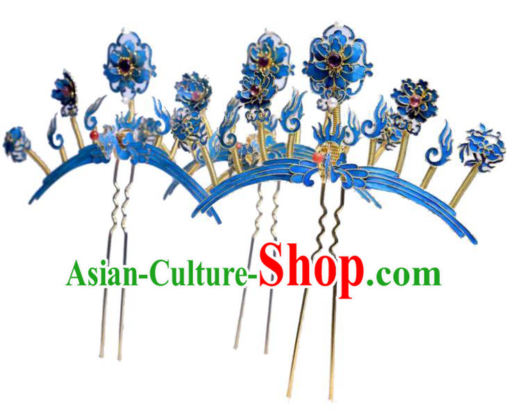 Chinese Traditional Qing Dynasty Cloisonne Peony Hair Jewelry Ancient Empress Tourmaline Hairpin