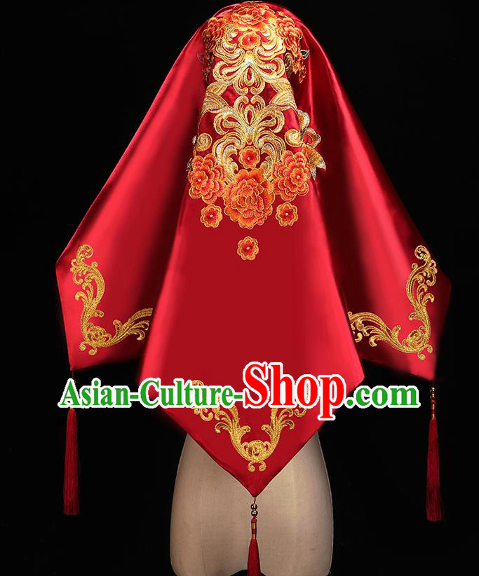 Chinese Traditional Wedding Accessories Embroidered Peony Red Bridal Veil