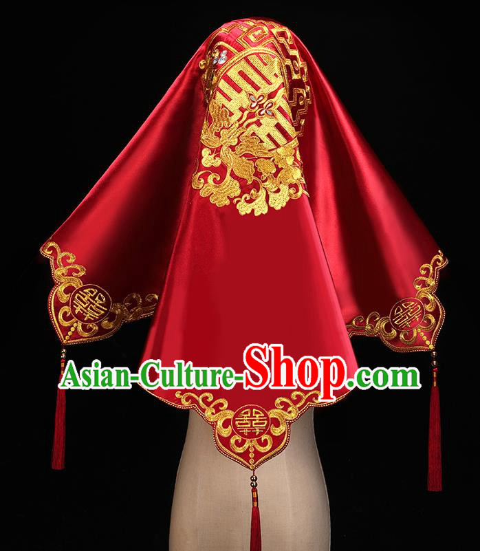 Chinese Traditional Wedding Headdress Embroidered Red Satin Bridal Veil Accessories